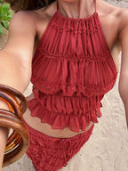Two-piece Set Of Backless Halter Neck Adjustable Sleeveless Long Dress For Vacation At The Beach