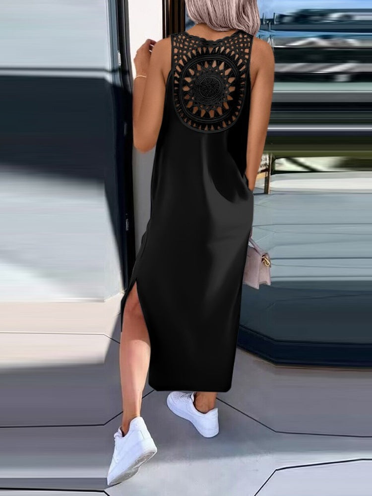 Simple Solid Color Sleeveless Long Dress With Openwork Floral Pattern On The Back