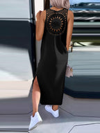Simple Solid Color Sleeveless Long Dress With Openwork Floral Pattern On The Back