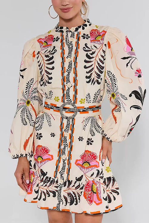 Puff Long Sleeves Button Up Floral Print Ruffle Mini Dress