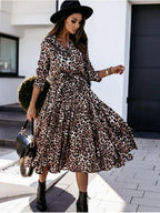 Leopard Print Long Sleeves Large Skirt Maxi Dresses