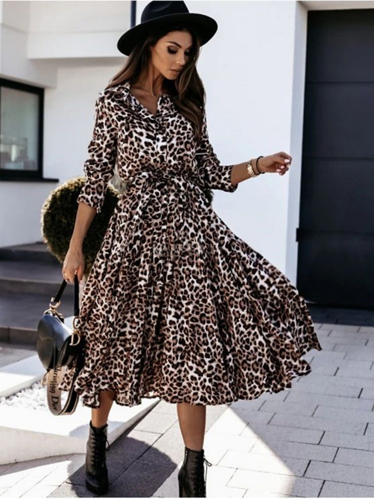 Leopard Print Long Sleeves Large Skirt Maxi Dresses
