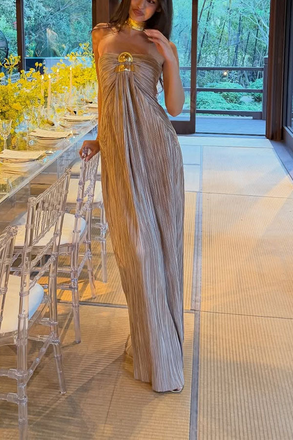 Golden Hour Metallic Pleated Strapless Maxi Dress