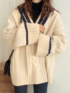 Contrast Color V Neck Cable Knit Sweater