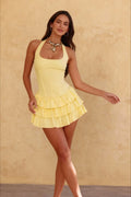 Halter Neck Corset Panel Tiered Ruffle Mini Dress