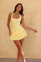 Halter Neck Corset Panel Tiered Ruffle Mini Dress
