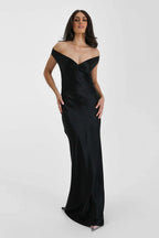 Vintage Satin Mermaid Off Shoulder Maxi Dress
