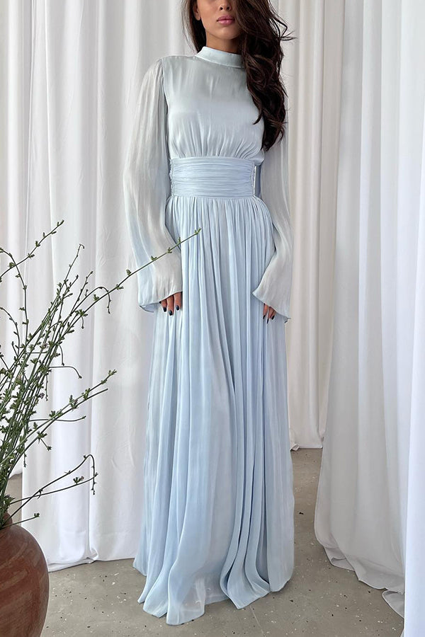 Mock Neck Long Sleeve Pleated Waistband Flowy Maxi Dress