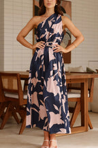 Unique Printed One-Shoulder Belt Casual Holiday Maxi Dress