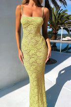 Lace Square Neck Spaghetti Strap Bodycon Maxi Dress