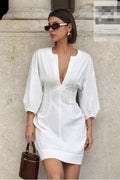 V-Neck 3/4 Sleeve Waist Mini Dress