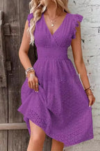 Eyelet Lace V-Neck Ruffle Cap Sleeve Smocked Waist A-Line Midi Dress