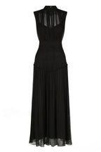 Sleeveless Mock Neck Pleated Waistband Chiffon Maxi Dress