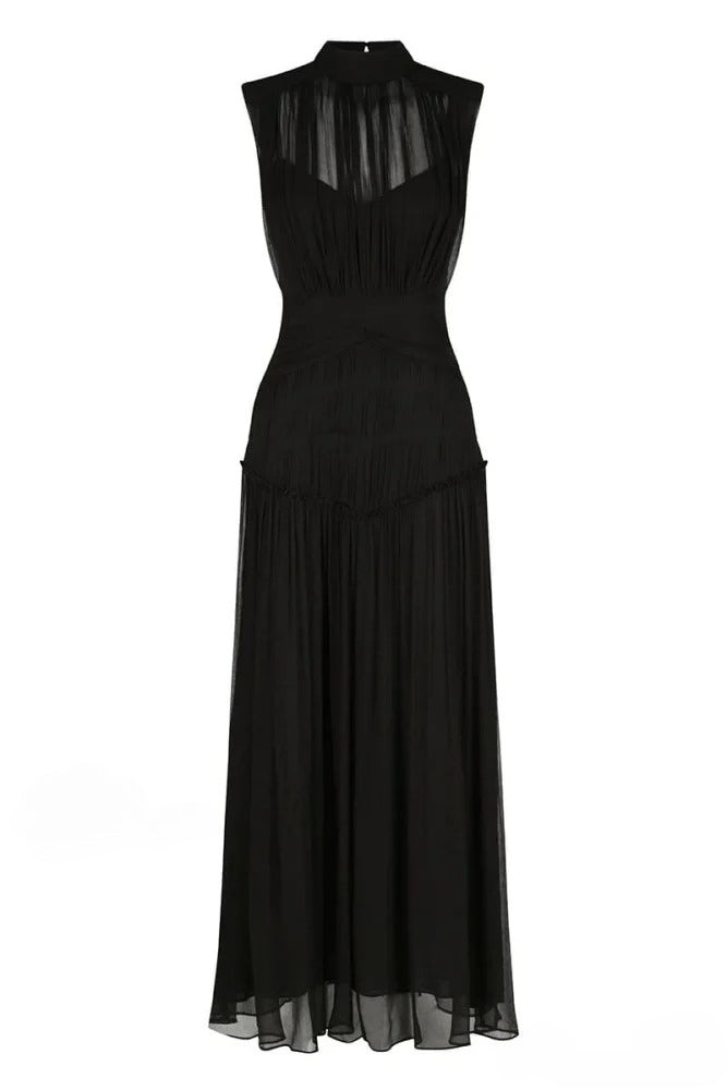 Sleeveless Mock Neck Pleated Waistband Chiffon Maxi Dress