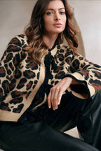 Leopard Print Loose Slouchy Drawstring Knit Cardigan
