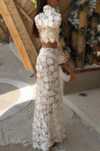 Stylish Long-sleeved Backless Lace Top and Elegant Openwork Maxi Fishtail Skirt Set