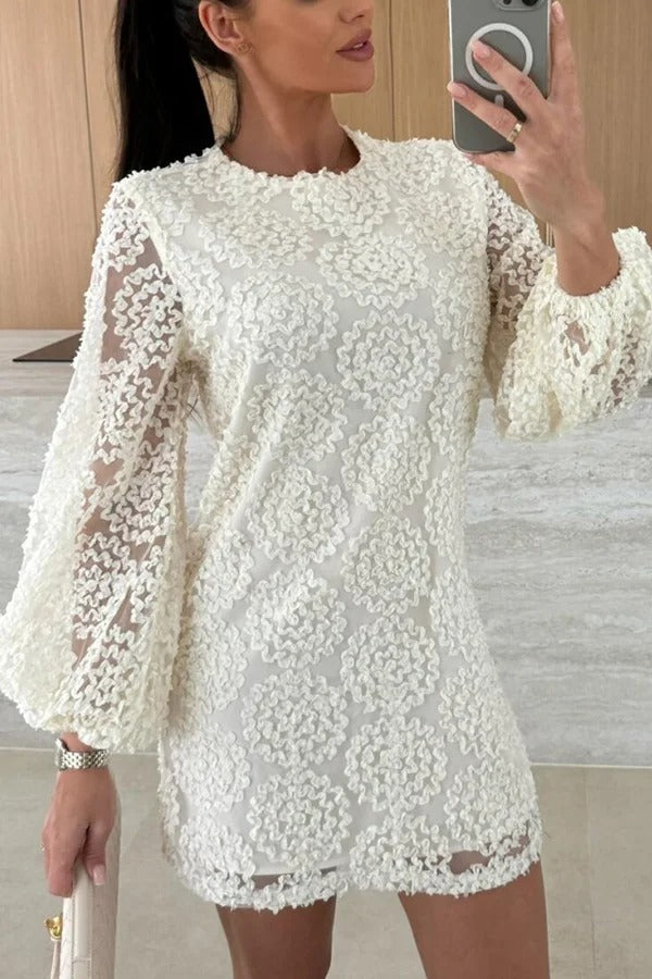 Kimberly Aesthetic Loose Mini Dress with Balloon Sleeves Made From Lace Textured Fabric Elevated Occasion Wear