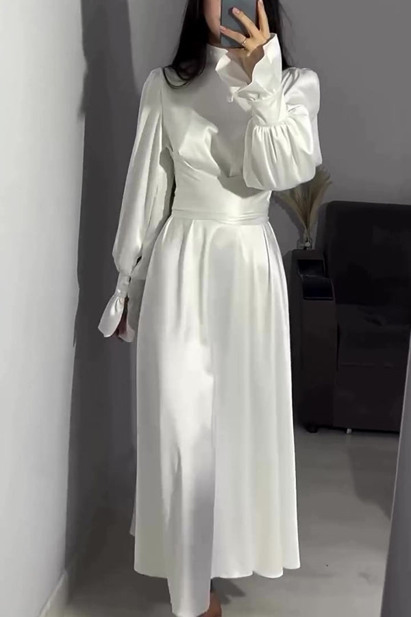 Mock Neck Bishop Sleeve Ruched Waist Satin Maxi Dress