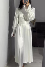 Mock Neck Bishop Sleeve Ruched Waist Satin Maxi Dress