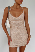 Sequin Cowl Neck Spaghetti Strap Bodycon Mini Dress