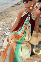 Santorini-inspired Backless Halter Neck Wavy Gradient Print Maxi Dress
