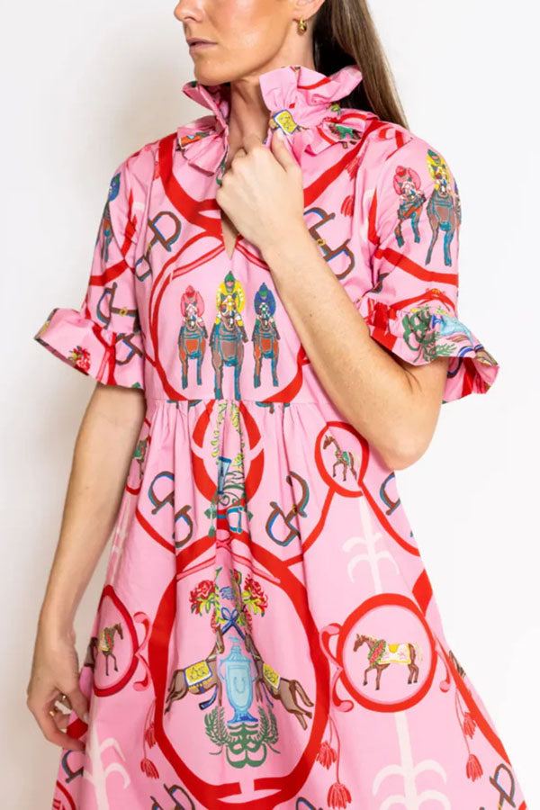 Churchill Social Playful Warhorse Print Stand Neck Ruffle Sleeve Belted Pocket Caftan Midi Dress
