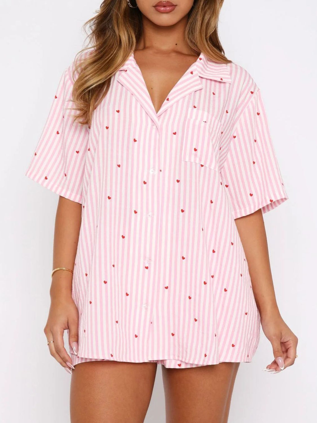 Blue Zone Planet | Valentine's Day Printed Collared Neck Short Sleeve Top And Shorts Set