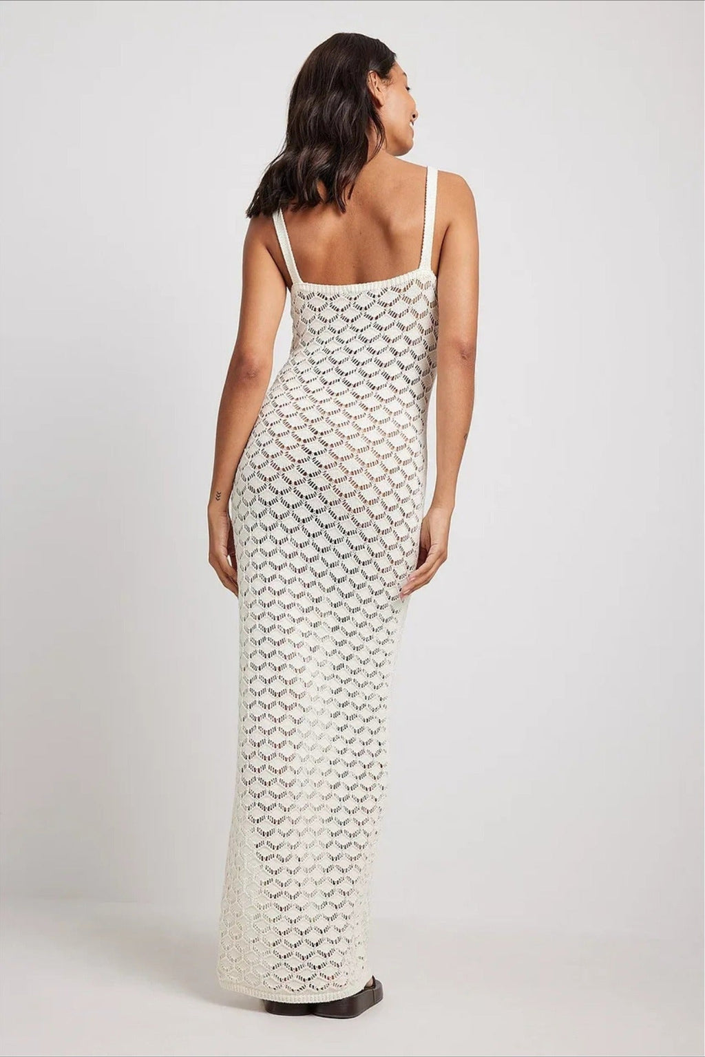 White Spaghetti Strap Sweetheart Crochet Knit Side Slit Maxi Dress
