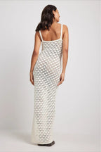 White Spaghetti Strap Sweetheart Crochet Knit Side Slit Maxi Dress
