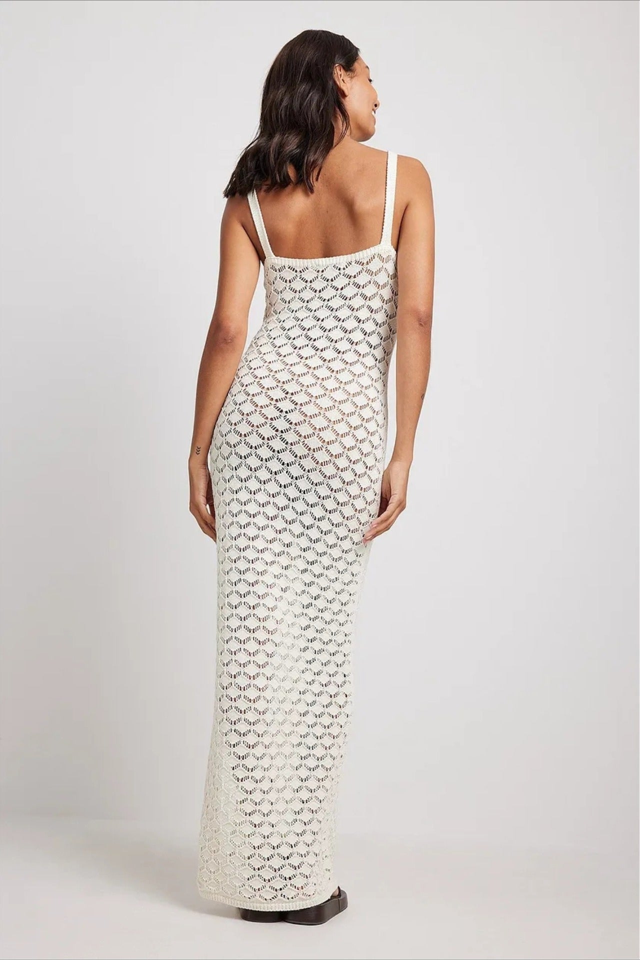White Spaghetti Strap Sweetheart Crochet Knit Side Slit Maxi Dress
