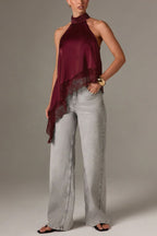 Solid Color Satin Sleeveless Lace Hem Loose Top