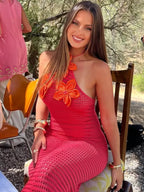 Crochet Knit 3D Floral Applique Halter Neck Mesh Maxi Dress