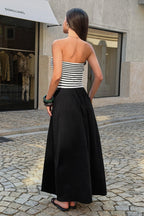 Black Strapless Horizontal Stripe Ribbed Knit Patchwork Flowy Maxi Dress