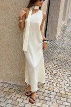 White One Shoulder Scarf Tie Sleeveless Maxi Dress