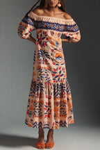 Off Shoulder Puff Sleeve Tiered Hem Tropical Print Pocket Maxi Dress