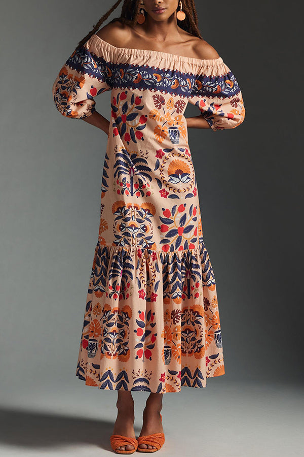 Off Shoulder Puff Sleeve Tiered Hem Tropical Print Pocket Maxi Dress
