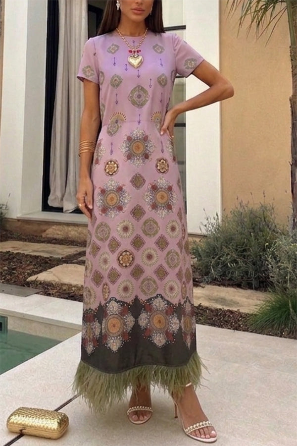 Lucia Satin Baroque Court Style Printed Short Sleeve Pocket Feather Trim Maxi Dress
