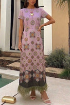Lucia Satin Baroque Court Style Printed Short Sleeve Pocket Feather Trim Maxi Dress