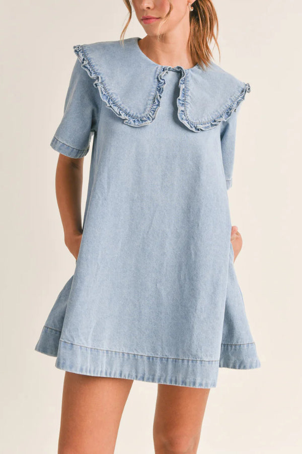 Solid Color Loose Short-sleeved Casual Ruffled Denim Mini Dress