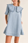 Solid Color Loose Short-sleeved Casual Ruffled Denim Mini Dress