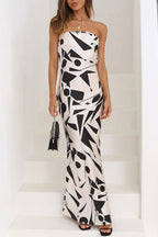 Strapless Geometric Print Satin Column Maxi Dress