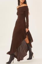 Off Shoulder Long Sleeve Ribbed Knit Asymmetric Drape Hem Maxi Dress