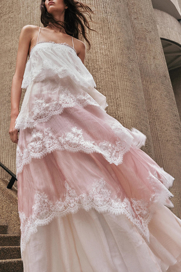 Caroline Gradient Layered Lace Trim Tiers Adjustable Straps Backless A-line Maxi Dress