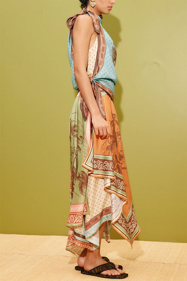 Alberta Satin Unique Color-blocked Print Tie Detail Layered Scarf Midi Dress