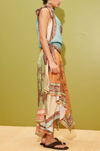 Alberta Satin Unique Color-blocked Print Tie Detail Layered Scarf Midi Dress