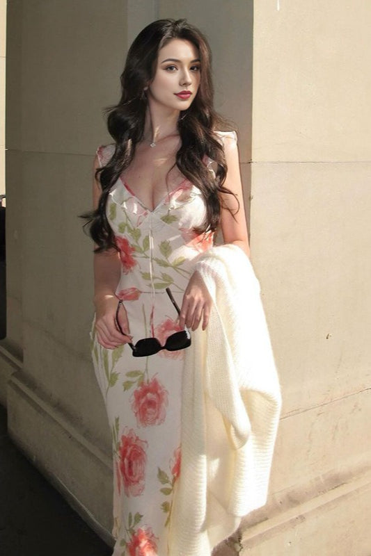 Floral Print Ruffle Trim Deep V-Neck Tie Front Bodycon Midi Dress