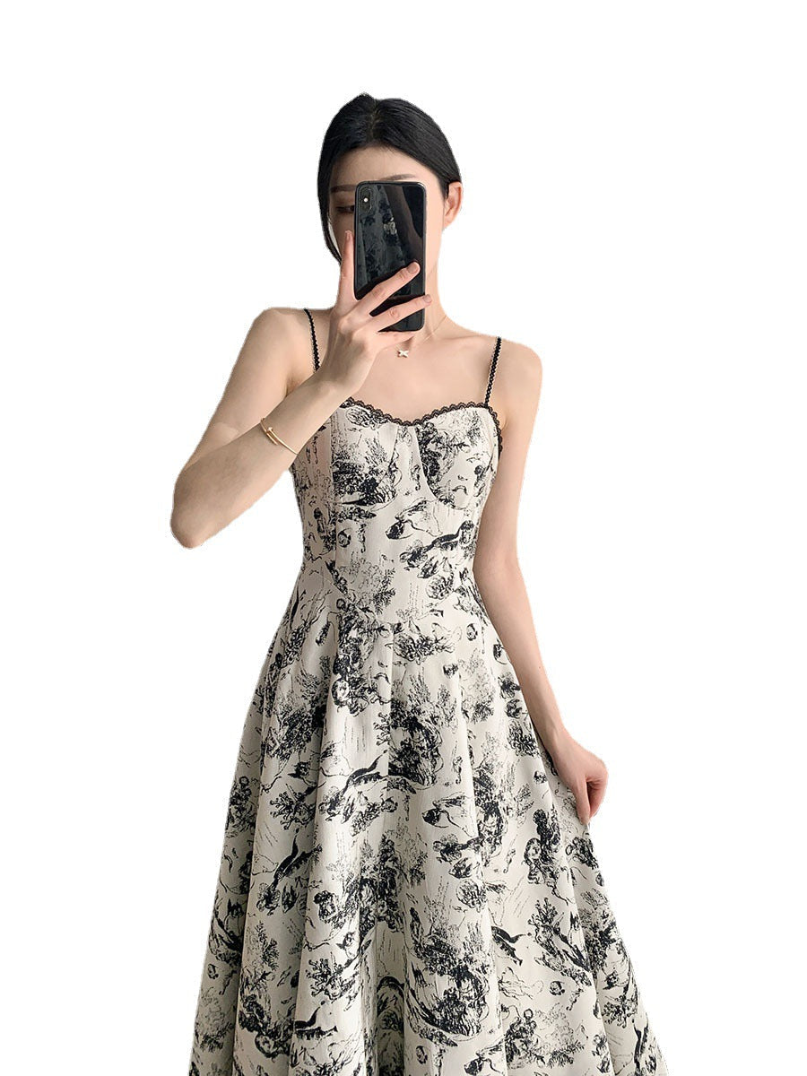 Toile Print Square Neck Spaghetti Strap Lace Trim A-Line Midi Dress