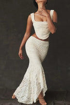 White Lace-up Crop Top And Maxi Skirt Dress