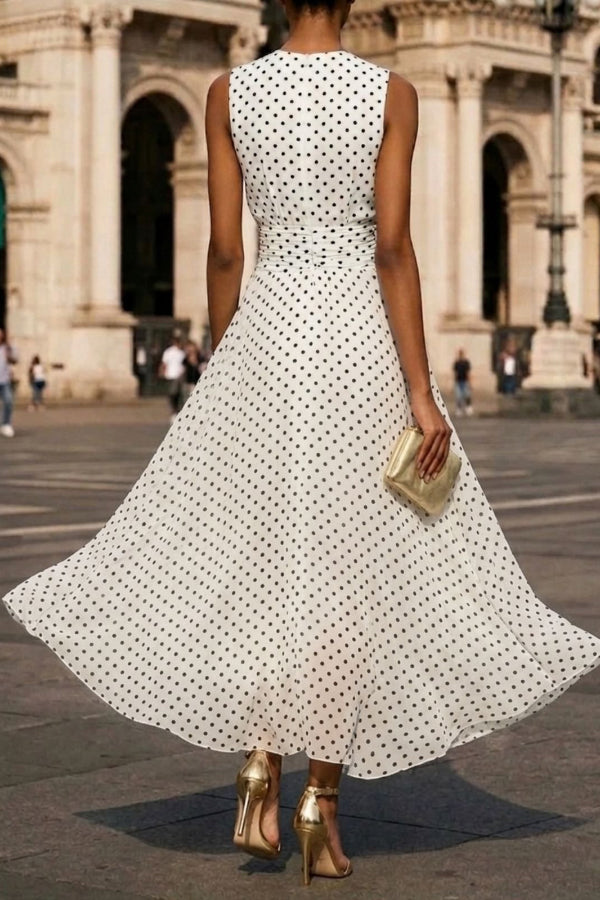 Polka Dot Print Round Neck Sleeveless Pleated Waist Casual Maxi Dress