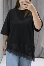 Stylish Round Neck Short-sleeved Patchwork Lace Hem Loose T-shirt
